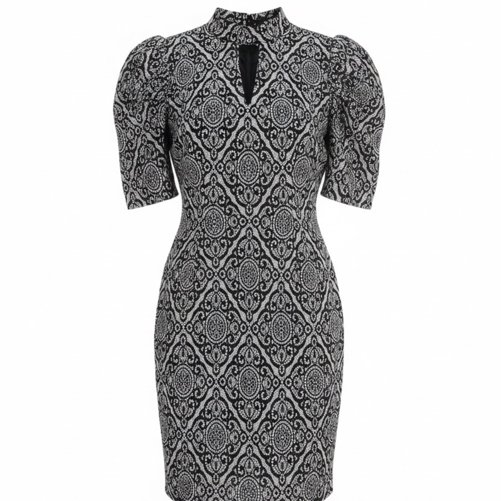 VENUS Black White Sheath Dress XS Geometric Print Puff Sleeve Back Knee Length